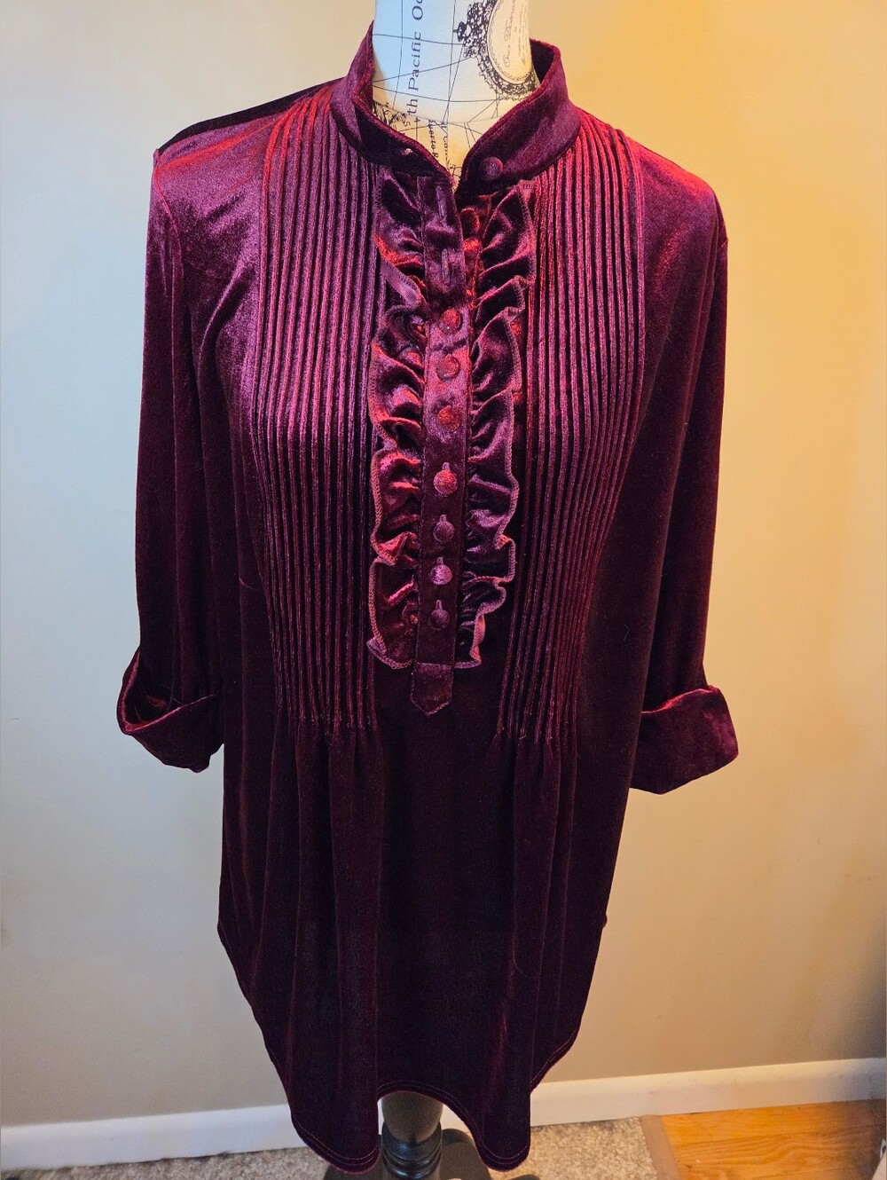 Woman Within M Burgundy Velvet Blouse Ruffle Pintuck 3/4 Sleeve Victorian Boho
